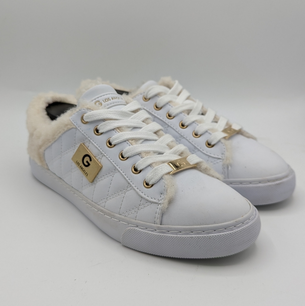 NEW Womens G By Guess White Faux Fur Synthetic Quilt Sneaker Shoes GMARTI2-R